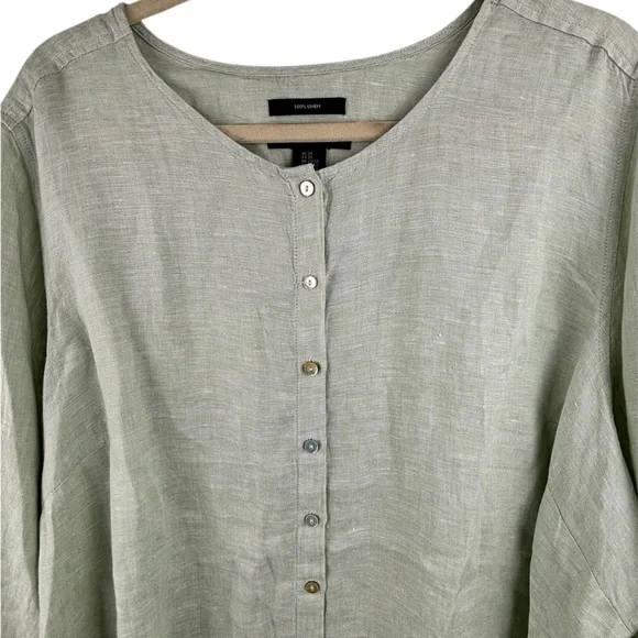 Tahari 100% Linen Women’s Tunic Top Button up Light Green Size 2X Lagenlook Flow - Picture 2 of 10